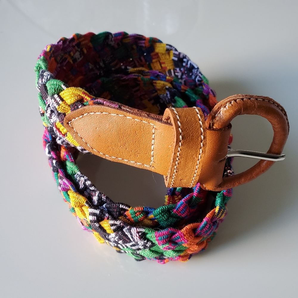 Multicolored Braided Belt with Leather Buckle, 32